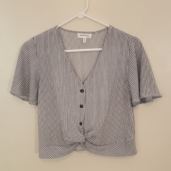 Monteau Tops - Monteau Striped Blouse Cropped with Short Sleeves M Taupe and Cream